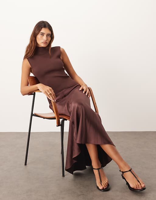 ARRANGE Knit Drop Waist Midi Dress With Satin Skirt In Chocolate