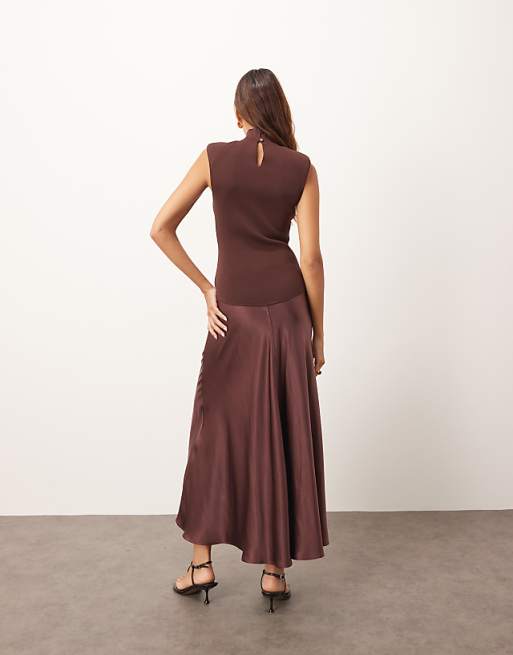 ARRANGE Knit Drop Waist Midi Dress With Satin Skirt In Chocolate