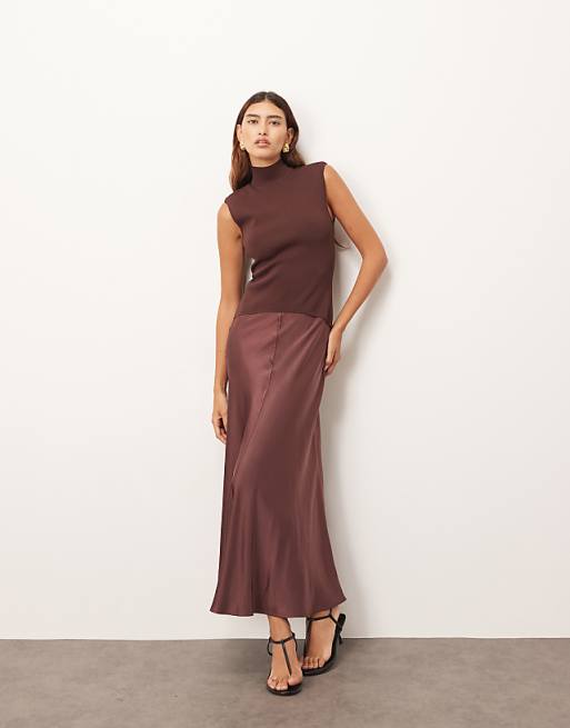 ARRANGE knit drop waist midi dress with satin skirt in chocolate