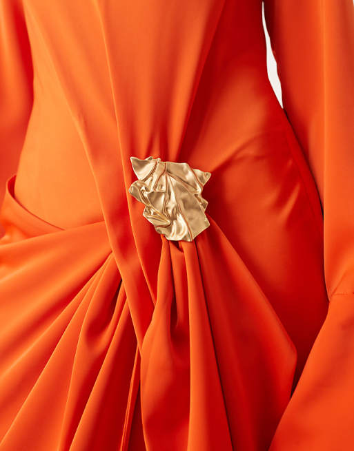 ARRANGE Long Sleeve Drape Maxi Dress With Molten Metal Trim In Orange