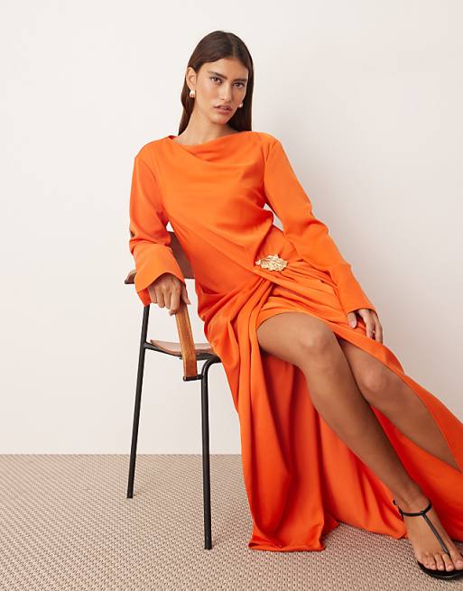 ARRANGE Long Sleeve Drape Maxi Dress With Molten Metal Trim In Orange