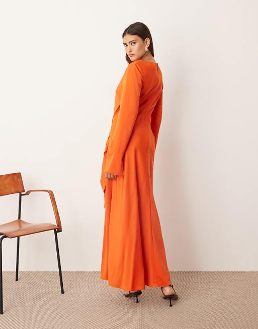ARRANGE Long Sleeve Drape Maxi Dress With Molten Metal Trim In Orange