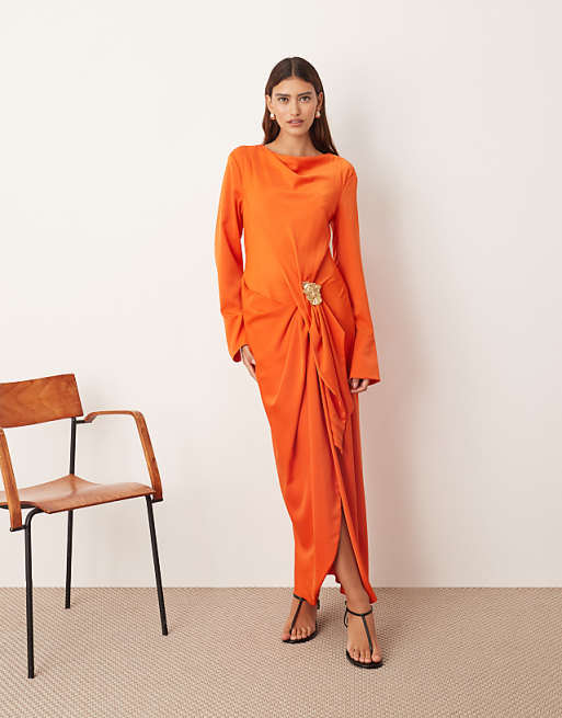 ARRANGE long sleeve drape maxi dress with molten metal trim in orange