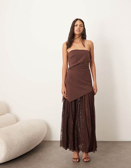ARRANGE longline asymmetric bandeau maxi dress with lace skirt in chocolate