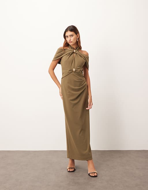 ARRANGE Off Shoulder Halter Maxi Dress With Gold Hardware In Olive