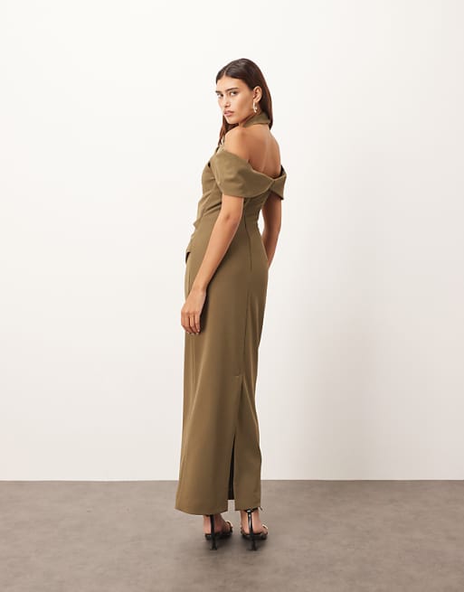 ARRANGE Off Shoulder Halter Maxi Dress With Gold Hardware In Olive