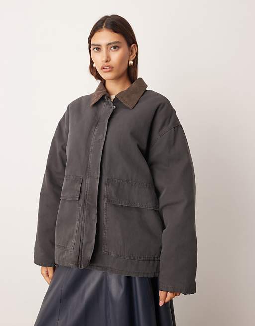ARRANGE Oversized Canvas Barn Jacket With Cord Collar Detail In Grey