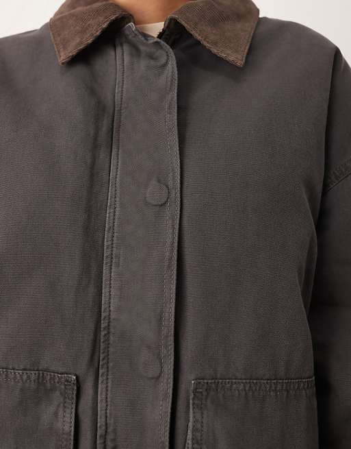 ARRANGE Oversized Canvas Barn Jacket With Cord Collar Detail In Grey