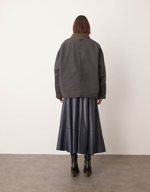 ARRANGE Oversized Canvas Barn Jacket With Cord Collar Detail In Grey