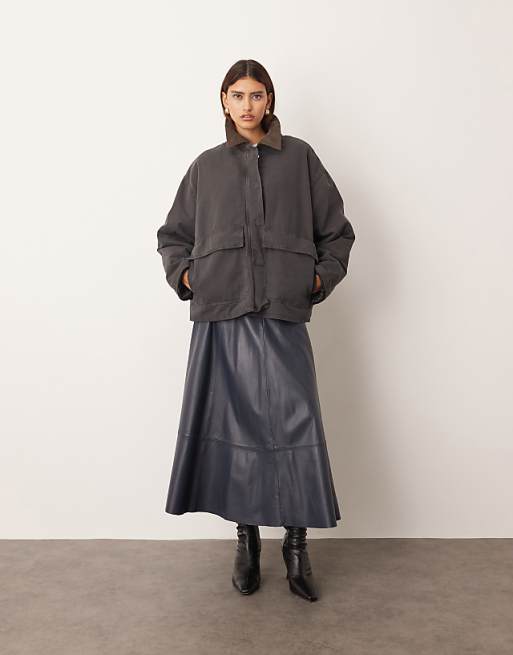ARRANGE oversized canvas barn jacket with cord collar detail in grey