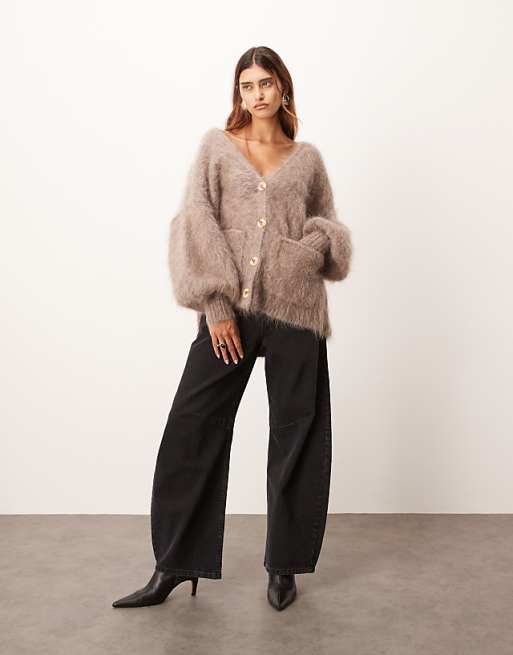 ARRANGE Premium Oversized Mohair Rich Cardigan In Taupe