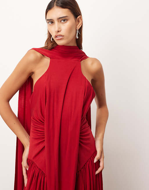 ARRANGE Scarf Neck Draped Hem Open Back Maxi Dress In Burgundy