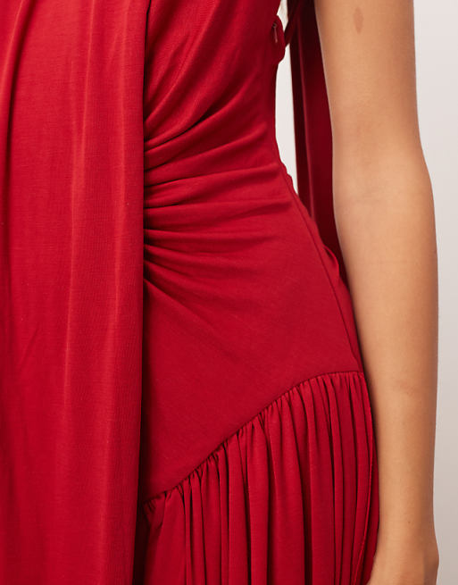 ARRANGE Scarf Neck Draped Hem Open Back Maxi Dress In Burgundy