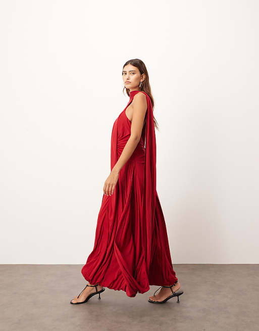 ARRANGE Scarf Neck Draped Hem Open Back Maxi Dress In Burgundy