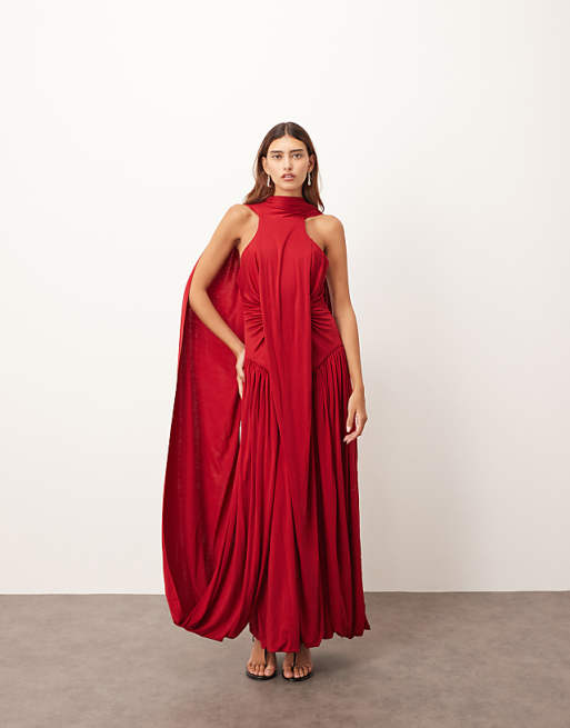 ARRANGE scarf neck draped hem open back maxi dress in burgundy