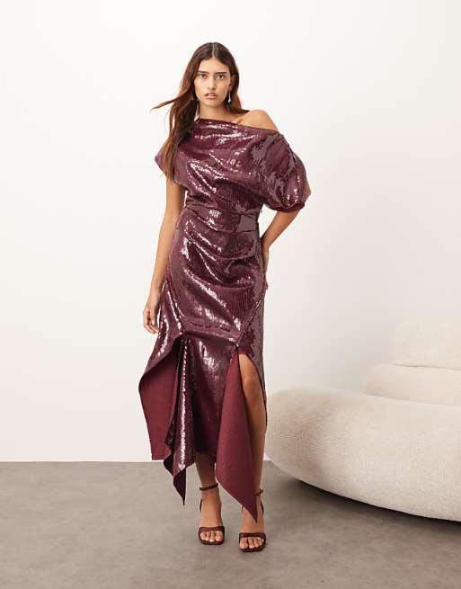 ARRANGE Sequin Draped Bodice Square Cut Hem Maxi Dress In Red