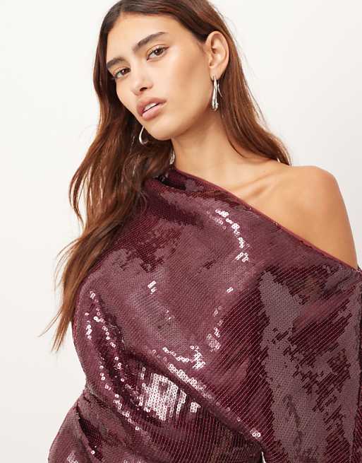 ARRANGE Sequin Draped Bodice Square Cut Hem Maxi Dress In Red