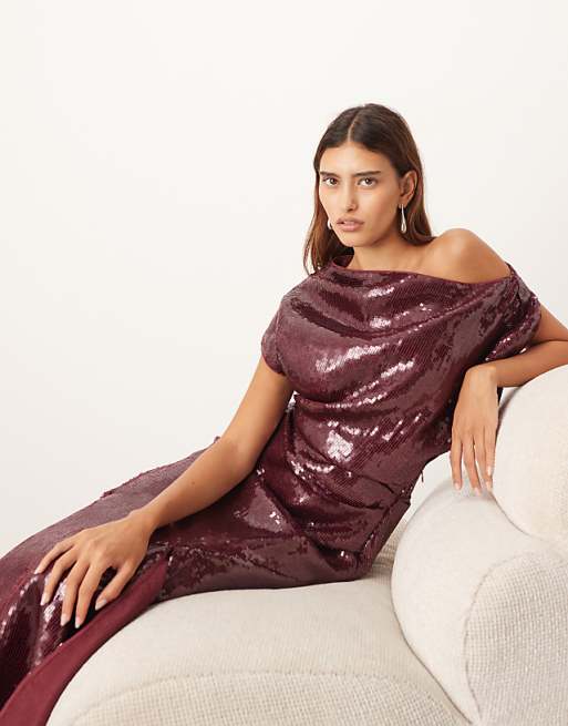 ARRANGE sequin draped bodice square cut hem maxi dress in red