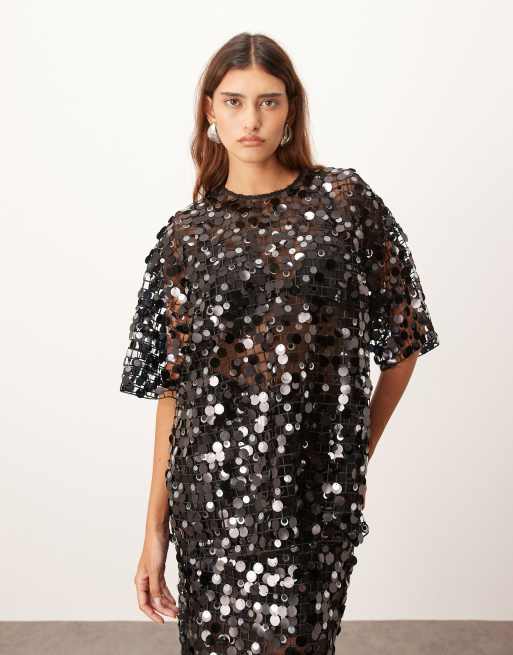 ARRANGE Sheer Grid Sequin Tee And Maxi Skirt In Black