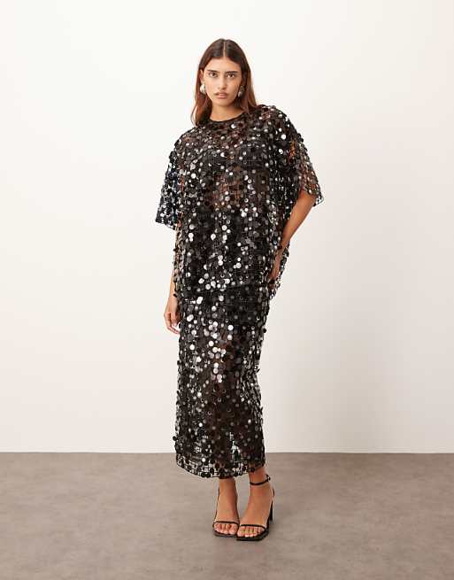 ARRANGE sheer grid sequin tee and maxi skirt in black