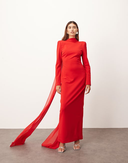 ARRANGE Structured Crepe Long Sleeve Maxi Dress With Chiffon Overlay In Red