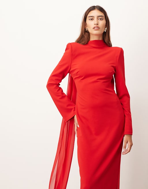 ARRANGE Structured Crepe Long Sleeve Maxi Dress With Chiffon Overlay In Red