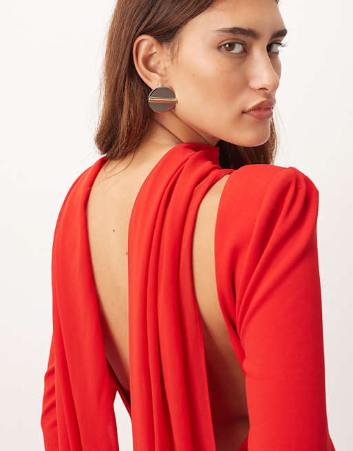 ARRANGE Structured Crepe Long Sleeve Maxi Dress With Chiffon Overlay In Red
