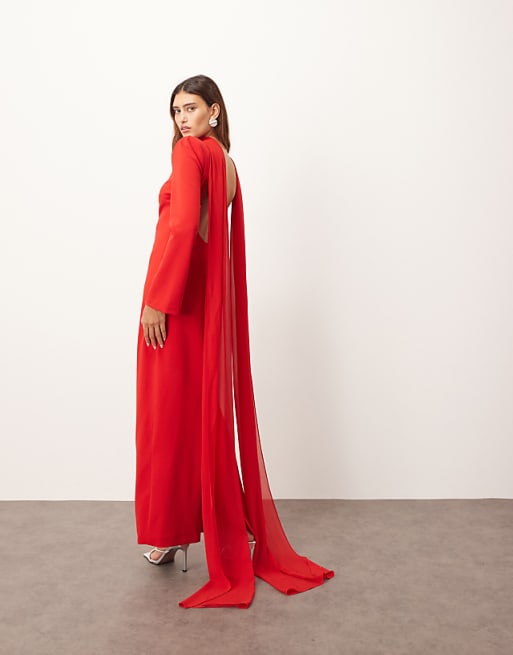 ARRANGE structured crepe long sleeve maxi dress with chiffon overlay in red