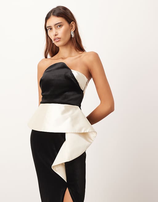 ARRANGE Structured Curved Velvet Column Midi Dress With Contrast Satin Peplum In Black