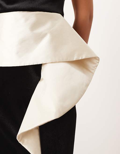 ARRANGE Structured Curved Velvet Column Midi Dress With Contrast Satin Peplum In Black