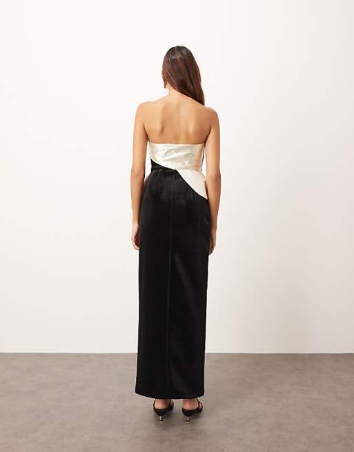 ARRANGE Structured Curved Velvet Column Midi Dress With Contrast Satin Peplum In Black