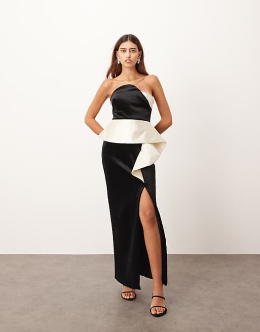 ARRANGE structured curved velvet column midi dress with contrast satin peplum in black