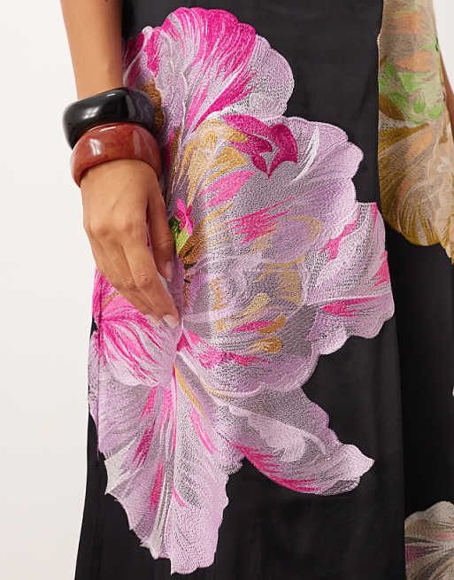 ARRANGE Supersize Floral Embroidered Scarf Neck One Shoulder Maxi Dress In Black