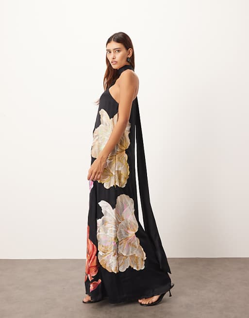 ARRANGE Supersize Floral Embroidered Scarf Neck One Shoulder Maxi Dress In Black