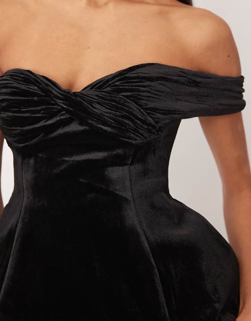 ARRANGE Velvet Off Shoulder Maxi Dress With Ruched Bodice And Column Skirt In Black