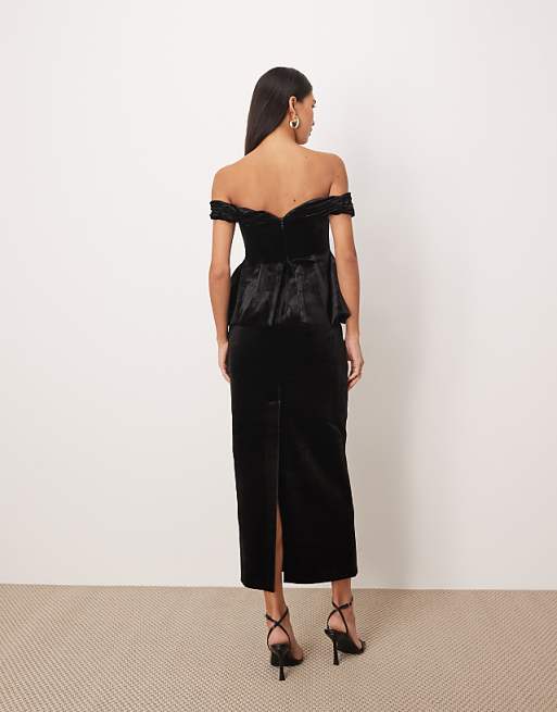 ARRANGE Velvet Off Shoulder Maxi Dress With Ruched Bodice And Column Skirt In Black
