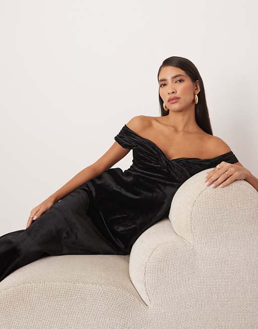 ARRANGE Velvet Off Shoulder Maxi Dress With Ruched Bodice And Column Skirt In Black