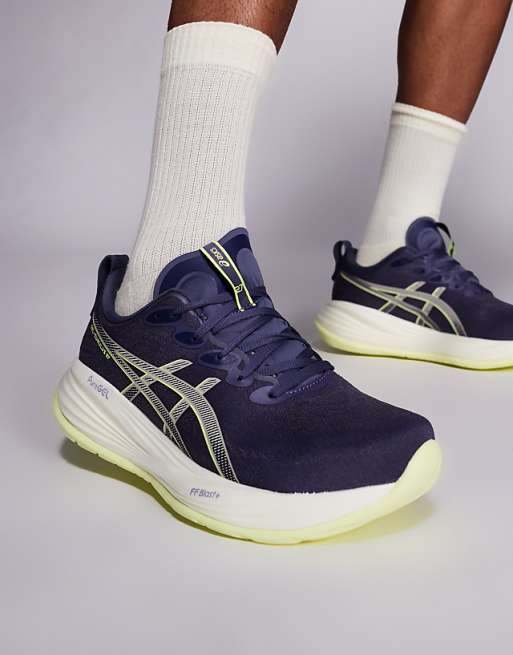 Asics Gel-Cumulus 27 running trainers in indigo fog and lucid yellow