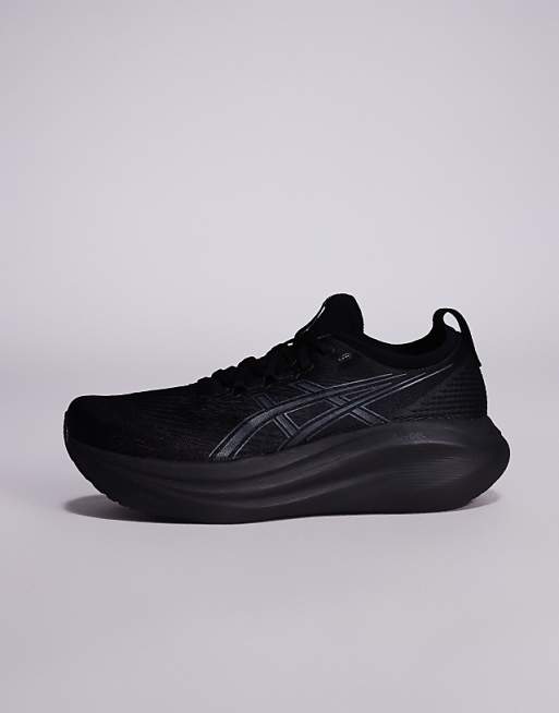 Asics Gel-Nimbus 27 running trainers in black and graphite grey