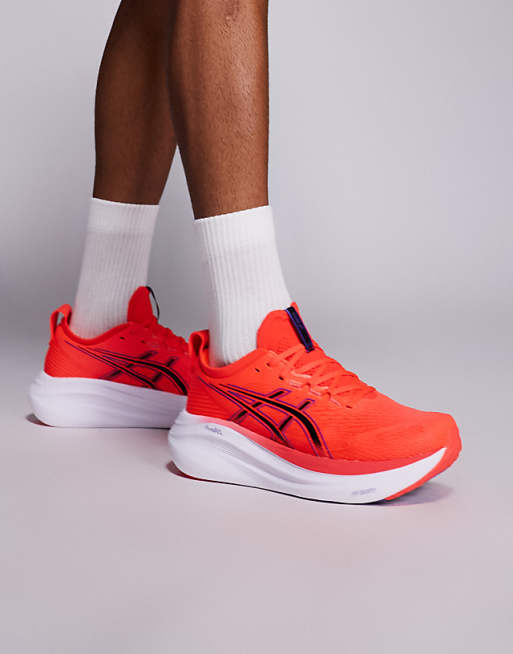 Asics Gel-Nimbus 27 running trainers in flash red and black