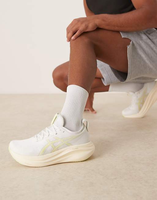 Asics Gel-Nimbus 27 Running Trainers In White And Huddle Yellow