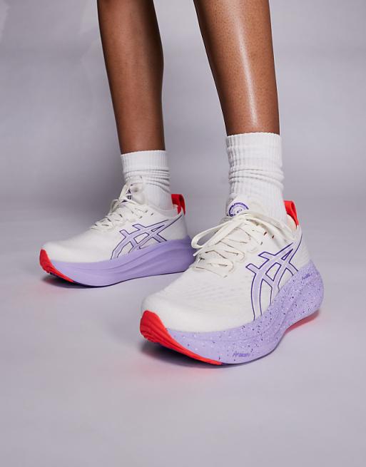 Asics Gel-Nimbus 27 Tokyo running trainers in off white and purple