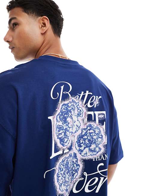 ASOS DESGIN Boxy Oversized T-shirt With Floral Graphic In Navy