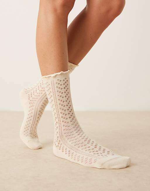 ASOS DESGIN pointelle ankle socks with frill edge in ecru