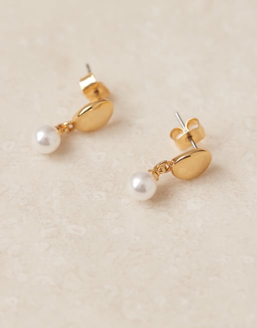 ASOS DESIGN 14k Gold Plated Earrings With Drop Faux Pearl Detail In Gold Tone