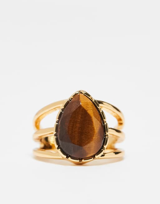 ASOS DESIGN 14k Gold Plated Ring With Real Tigers Eye Semi Precious Stone