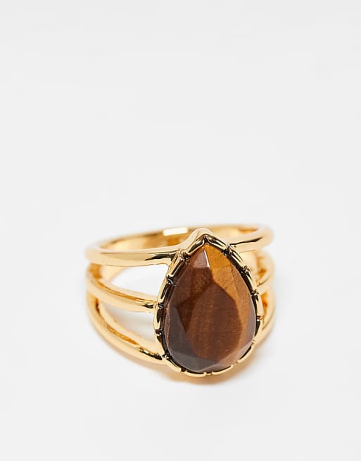 ASOS DESIGN 14k gold plated ring with real tigers eye semi precious stone