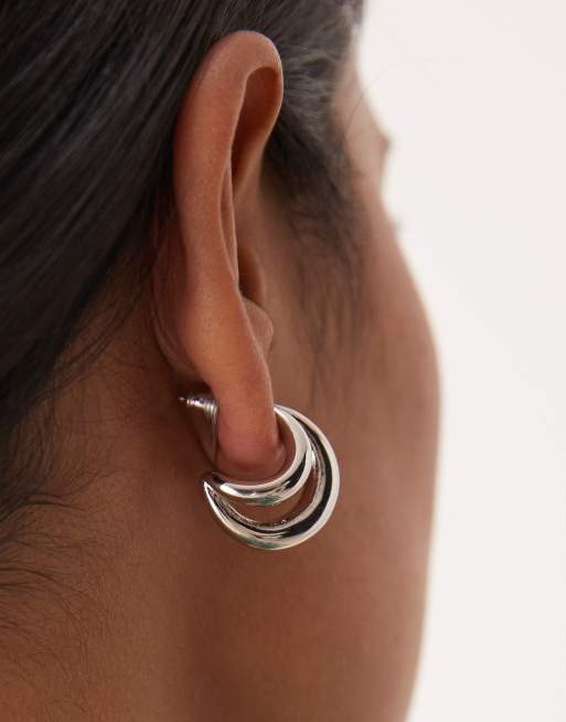 ASOS DESIGN 14k Plated Multirow Hoop Earrings In Silver Tone