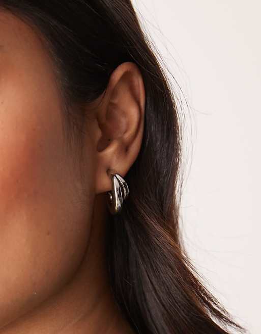 ASOS DESIGN 14k plated multirow hoop earrings in silver tone