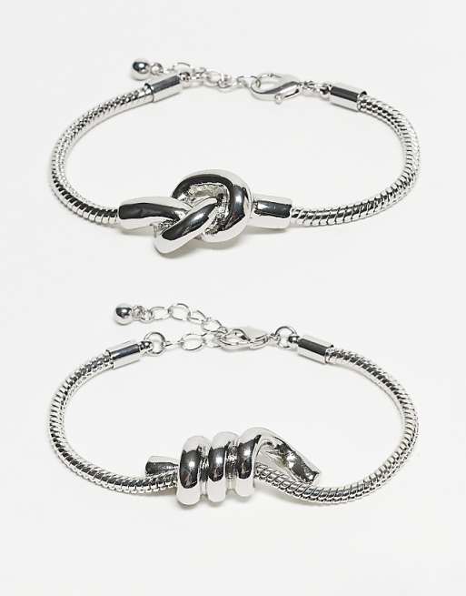 ASOS DESIGN 2 pack of chain bracelets with chunky knot design in silver tone